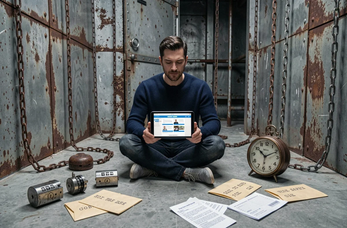 Homme assis sur le sol d'une escape room consultant une soluce détaillée de Rooms and Exits sur une tablette entouré de cadenas et d'énigmes