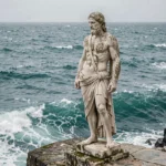 Statue de Poséidon en marbre antique au bord d'une falaise rocheuse avec mer agitée en arrière-plan