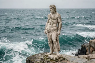 Statue de Poséidon en marbre antique au bord d'une falaise rocheuse avec mer agitée en arrière-plan