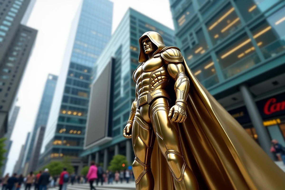 Statue imposante de Victor von Doom dans une place urbaine moderne