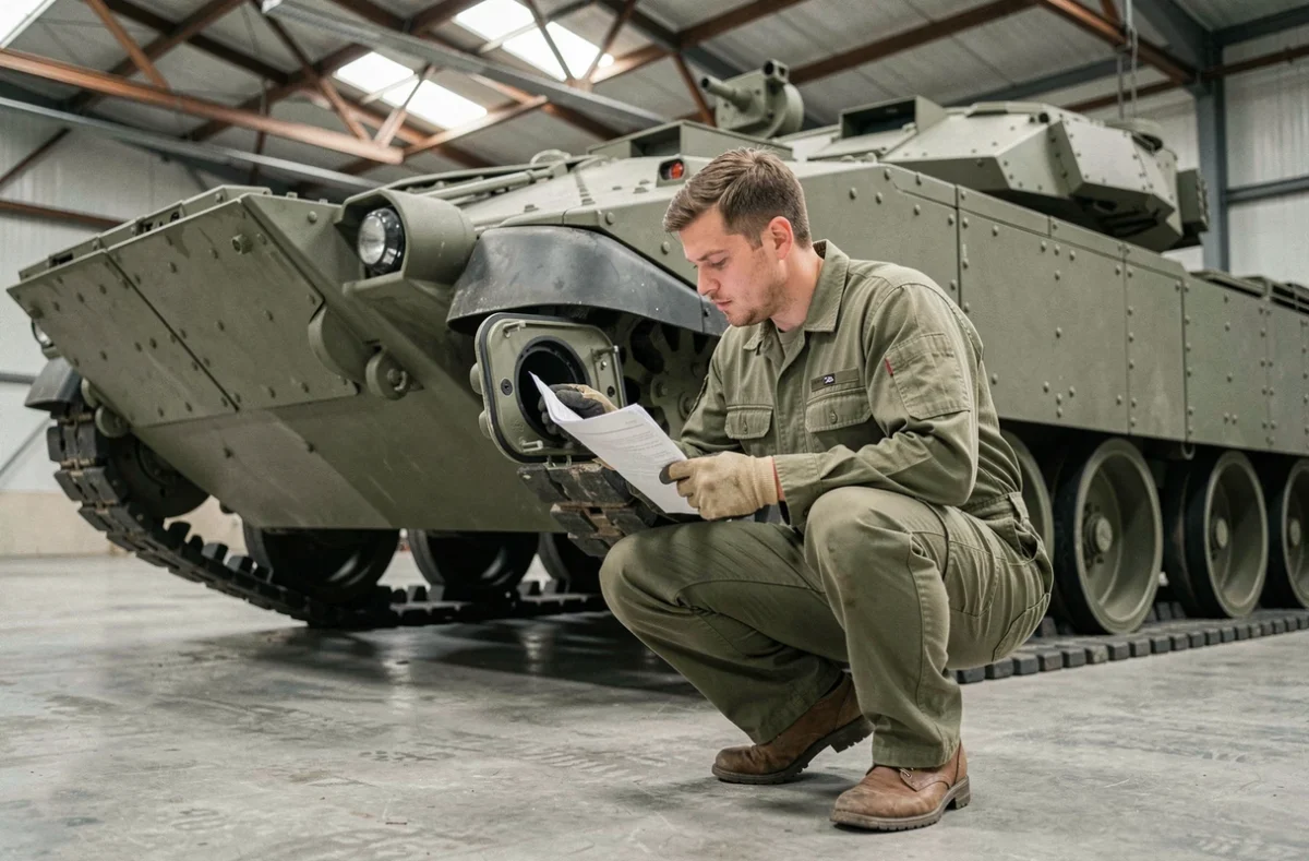 Technicien militaire inspectant le compartiment moteur d'un char Leclerc XLR modernisé dans un hangar de maintenance