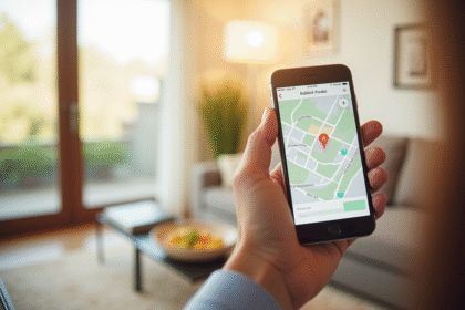 Main tenant un smartphone avec l'application Rabbit Finder dans un salon lumineux