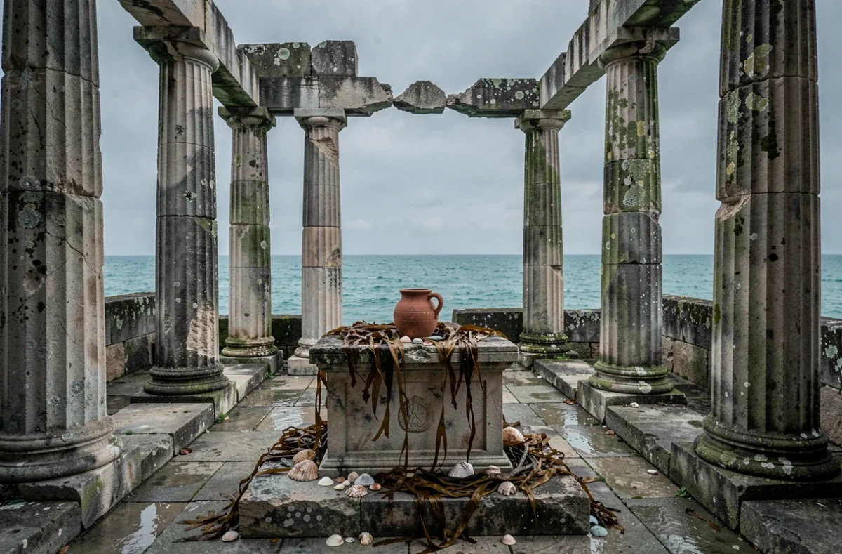 Ruines intérieures d'un temple grec antique dédié à Poséidon avec vue sur la mer Égée