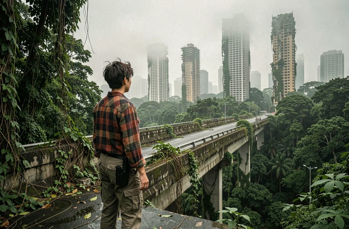 Jeune femme debout sur un pont autoroutier effondré contemplant une ville abandonnée et envahie par la nature, évoquant l'univers de The Last of Us saison 3