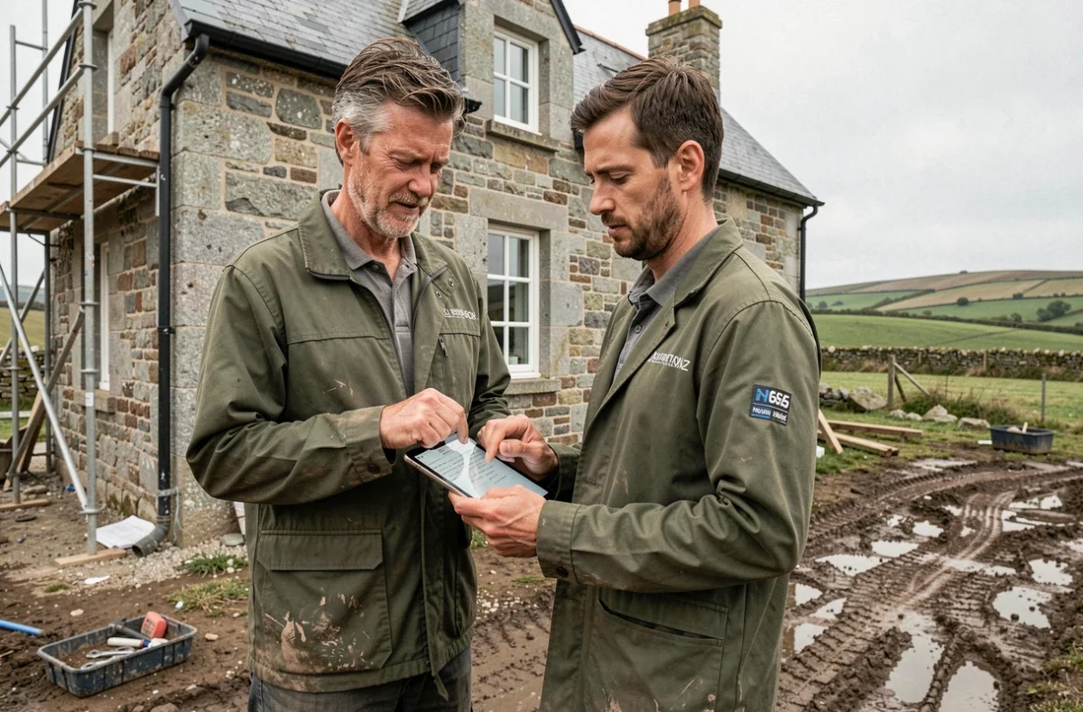 Thibault Le Roux de Breizh Habitat examine des plans de rénovation devant une maison en granit breton dans le Finistère rural