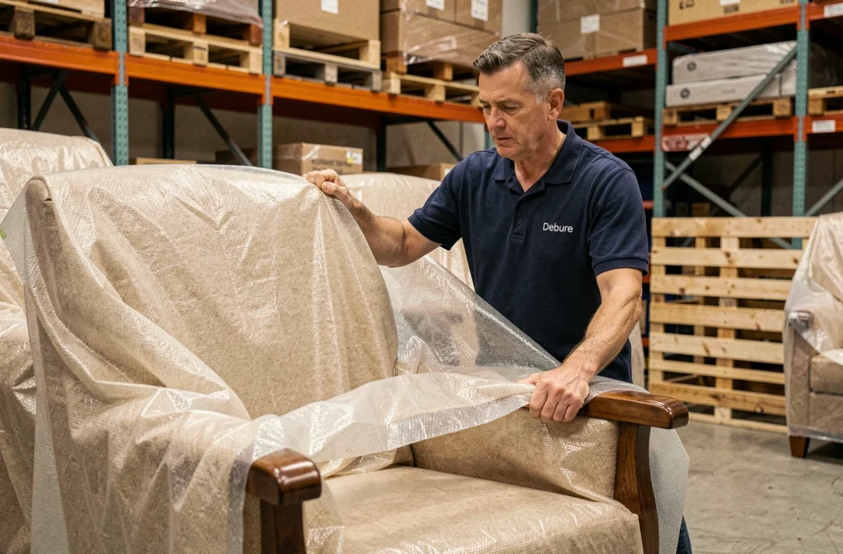 Déménageur de l'entreprise Debure emballant soigneusement un fauteuil en bois dans une couverture de protection dans un entrepôt