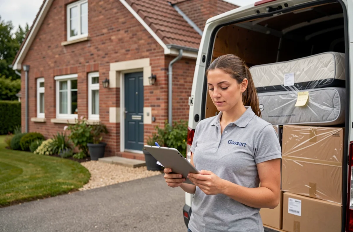Coordinatrice de l'entreprise Gossart vérifiant une liste de contrôle sur tablette devant un camion de déménagement chargé