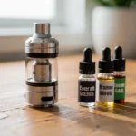 Une cigarette électronique posée à côté de flacons de e-liquide