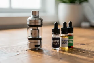 Une cigarette électronique posée à côté de flacons de e-liquide