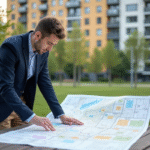 Jeune urbaniste examinant une carte cadastrale en plein air