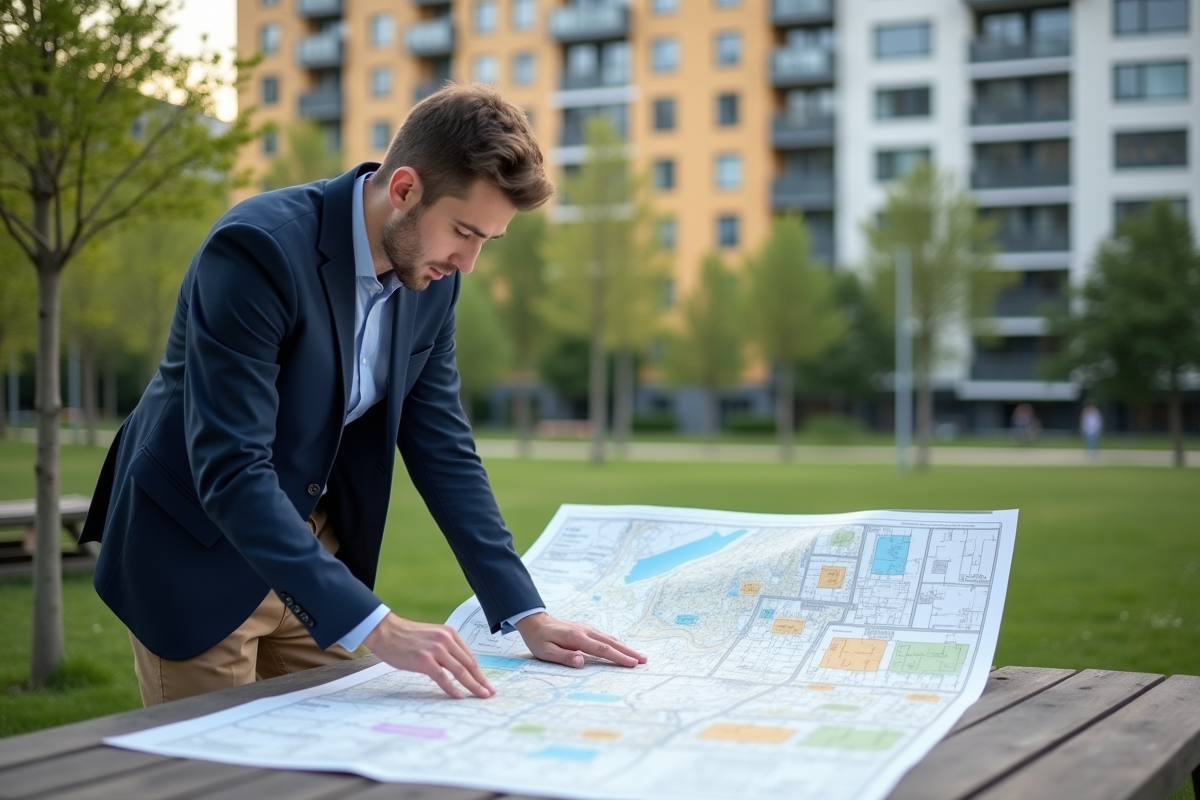 Jeune urbaniste examinant une carte cadastrale en plein air