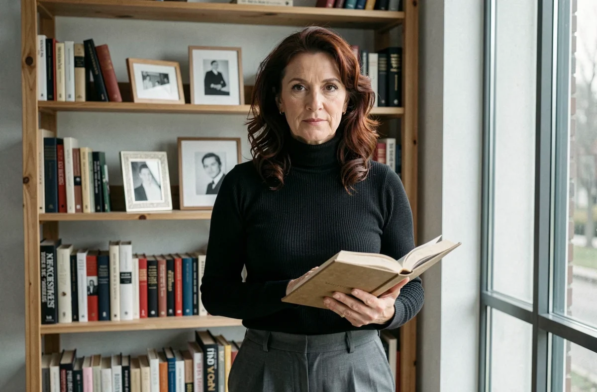 Portrait de femme française cultivée dans un appartement minimaliste avec bibliothèque, évoquant une vie intime et intellectuelle