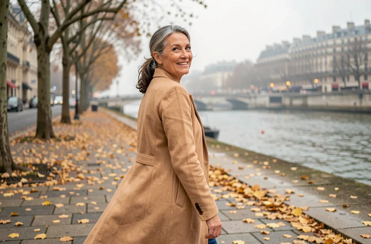 Femme mature marchant le long de la Seine en automne, symbolisant le parcours personnel et les relations marquantes d'une vie