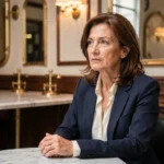 Femme élégante française assise dans un café parisien, regard pensif et introspectif évoquant une vie personnelle riche