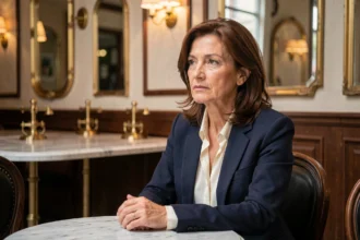 Femme élégante française assise dans un café parisien, regard pensif et introspectif évoquant une vie personnelle riche