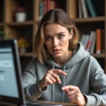 Femme vérifiant l'URL d'un site web sur son ordinateur portable pour éviter les arnaques en ligne