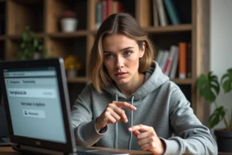 Femme vérifiant l'URL d'un site web sur son ordinateur portable pour éviter les arnaques en ligne