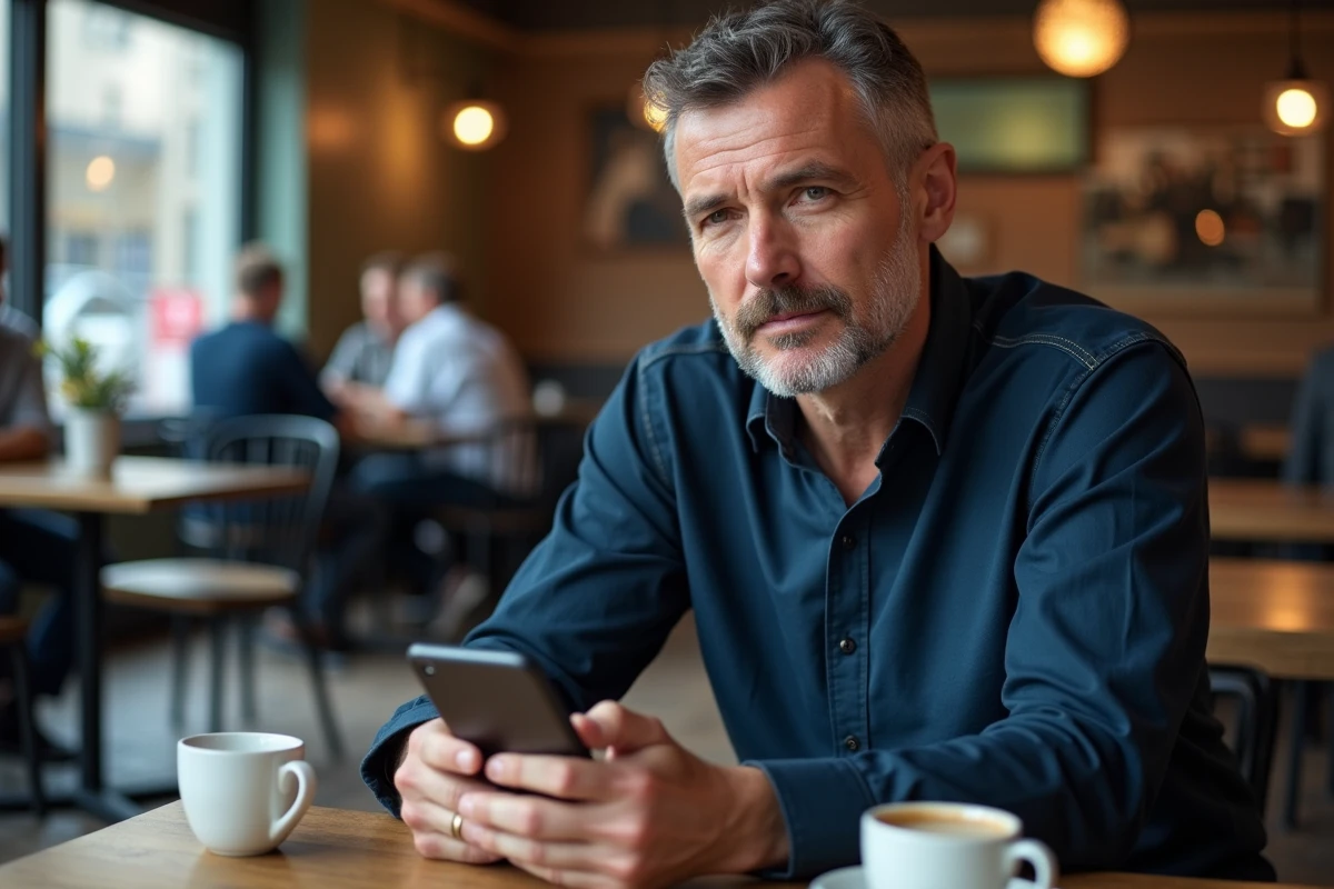 Homme utilisant son smartphone dans un café pour vérifier l'authenticité d'une URL de site web