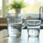 Verre mesureur rempli à 250ml sur plan de travail lumineux