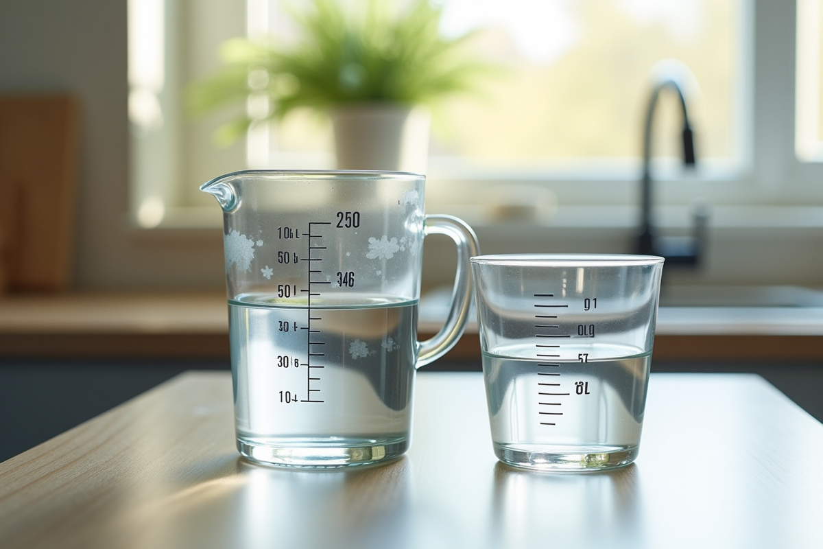 Verre mesureur rempli à 250ml sur plan de travail lumineux