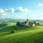 Village rural français avec collines vertes et antenne mobile