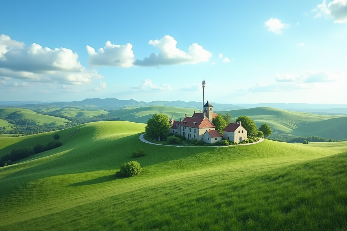 Village rural français avec collines vertes et antenne mobile