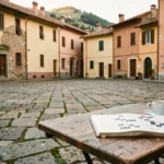 Piazza italienne avec mots fléchés et café espresso sur fond d'architecture en pierre ancienne