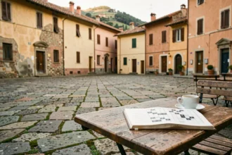 Piazza italienne avec mots fléchés et café espresso sur fond d'architecture en pierre ancienne