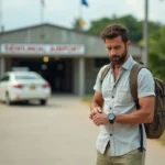 Voyageur français vérifiant sa montre devant un terminal en Guyane