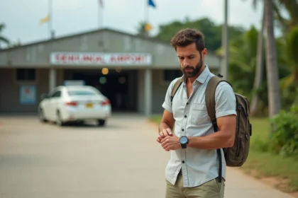 Voyageur français vérifiant sa montre devant un terminal en Guyane